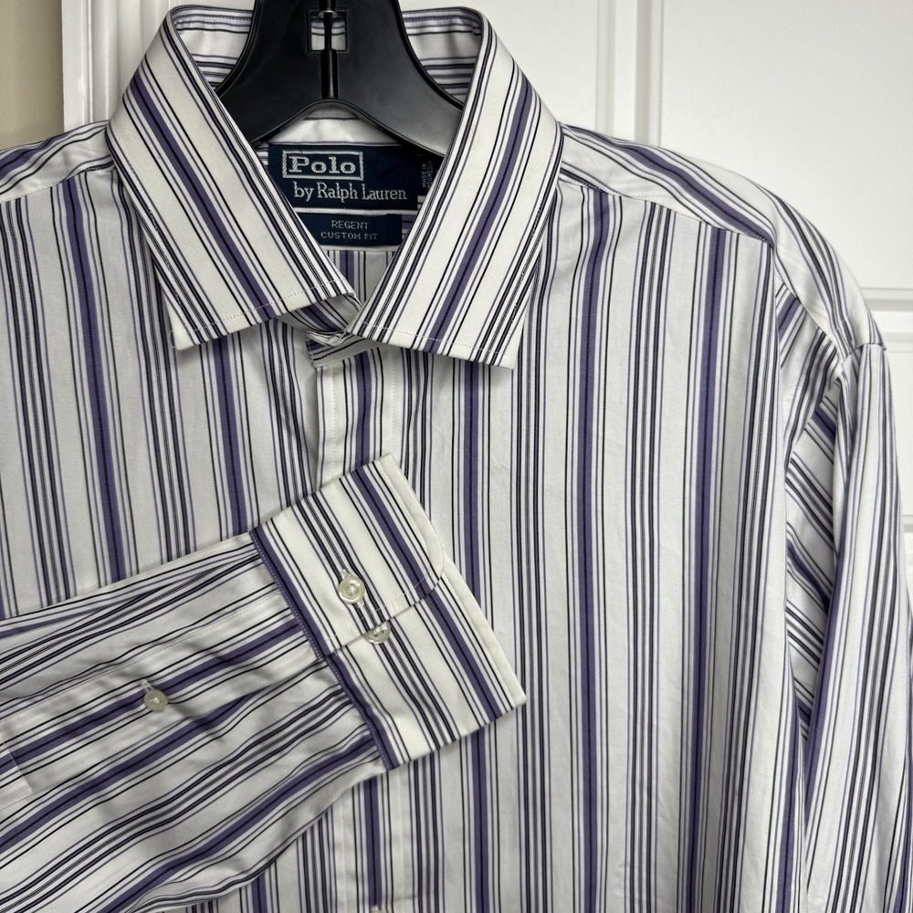 Vintage Polo Ralph Lauren Button Up Purple Striped Regent Custom Fit L *STAINED*